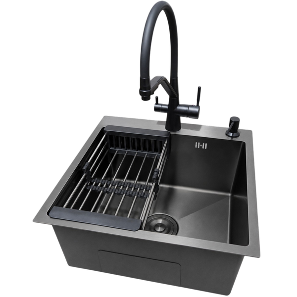 Комплект кухонної мийки Kraft NANO BLACK PVD HS 500х500мм Декор (3.0/1.0 мм)+Змішувач для кухні з підключенням до фільтра Pllen&oacute; Lazio ST19 nero SM7040 фото