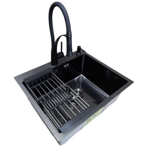 Комплект кухонної мийки Kraft NANO BLACK PVD HS60*50 Декор (3.0/1.0 мм)+Кухонний змішувач Kroner KRP Ersel - SCH03393BLK SM50495 фото