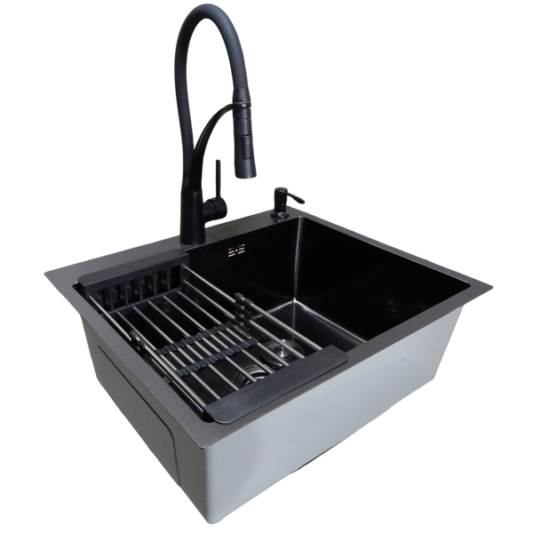 Комплект кухонної мийки Kraft NANO BLACK PVD HS60*50 Декор (3.0/1.0 мм)+Кухонний змішувач Kroner KRP Ersel - SCH03393BLK SM50495 фото