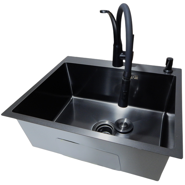 Комплект кухонної мийки Kraft NANO BLACK PVD HS60*50 Декор (3.0/1.0 мм)+Кухонний змішувач Kroner KRP Ersel - SCH03393BLK SM50495 фото
