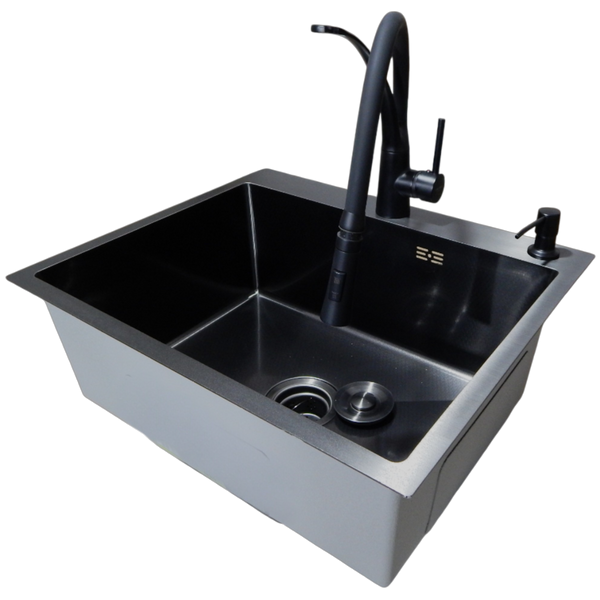 Комплект кухонної мийки Kraft NANO BLACK PVD HS60*50 Декор (3.0/1.0 мм)+Кухонний змішувач Kroner KRP Ersel - SCH03393BLK SM50495 фото