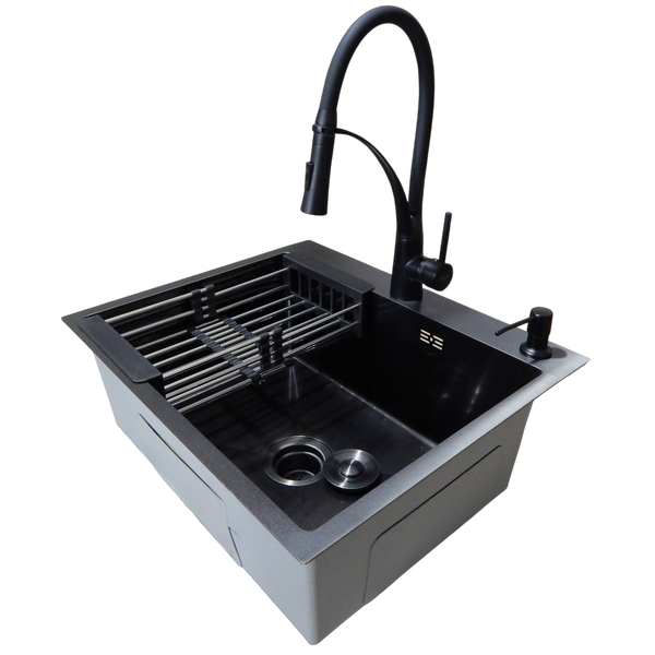 Комплект кухонної мийки Kraft NANO BLACK PVD HS60*50 Декор (3.0/1.0 мм)+Кухонний змішувач Kroner KRP Ersel - SCH03393BLK SM50495 фото