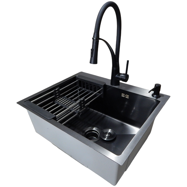 Комплект кухонної мийки Kraft NANO BLACK PVD HS60*50 Декор (3.0/1.0 мм)+Кухонний змішувач Kroner KRP Ersel - SCH03393BLK SM50495 фото