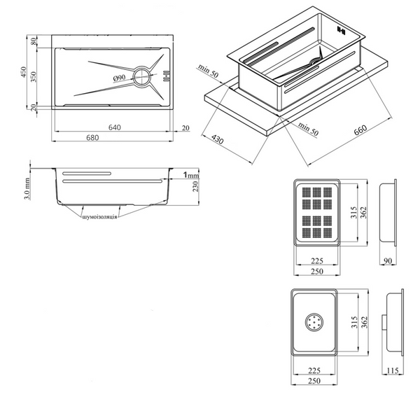 Комплект кухонной мойки Kraft HM 6845 NANO BLACK SM3722 фото