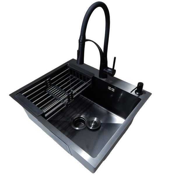Комплект кухонної мийки Kraft NANO BLACK PVD HS60*50 Декор (3.0/1.0 мм)+Кухонний змішувач Kroner KRP Ersel - SCH03393BLK SM50495 фото
