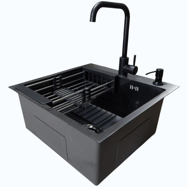 Комплект кухонной мойки Kraft HM 50х50 NANO BLACK PVD (3.0/1.0 мм) SM633 фото