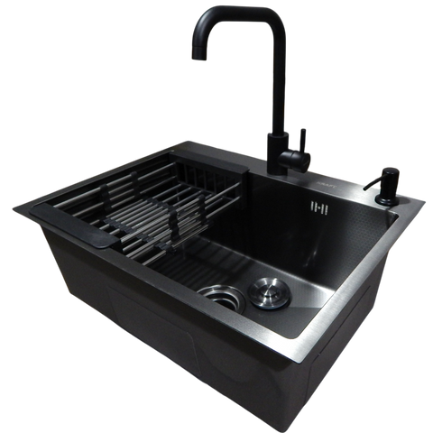 Комплект кухонной мойки KRAFT Handmade PVD чорна HS54*48 (3.0/1.0 мм) декор SM0226 фото