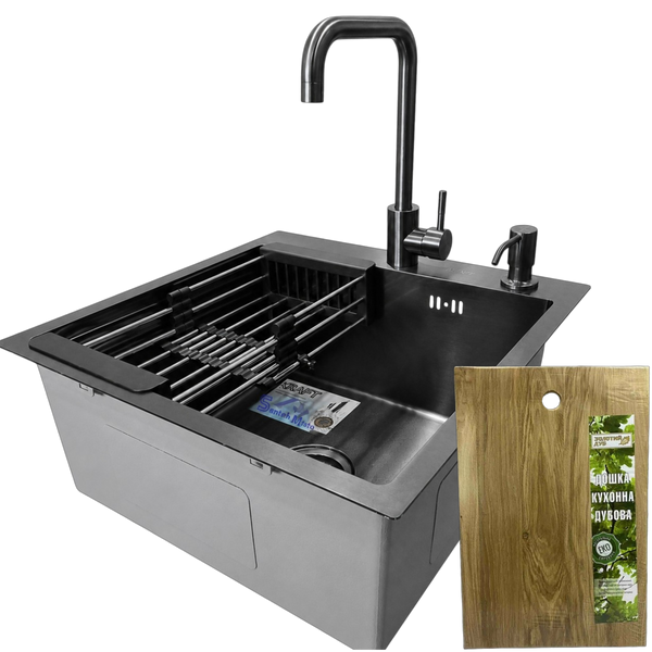 Комплект кухонной мойки Kraft HM 50х50 NANO BLACK PVD (3.0/1.0 мм) SМ048 фото