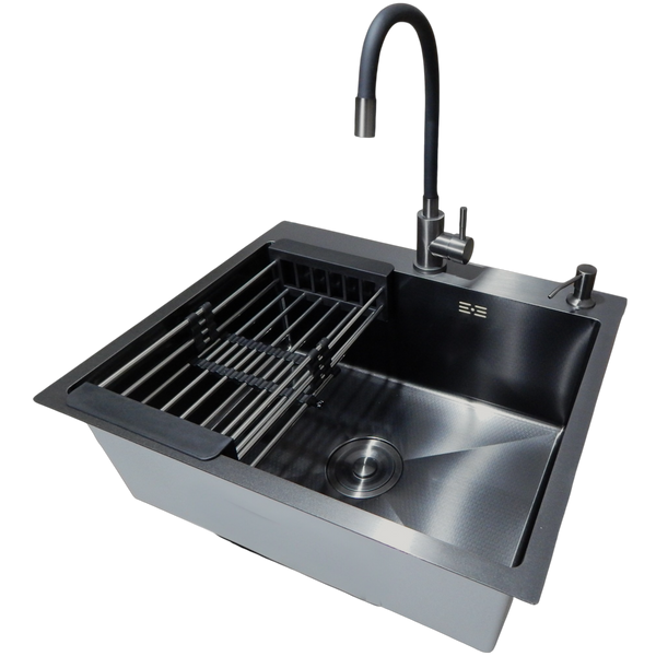 Комплект кухонной мойки Kraft NANO BLACK PVD HS60*50 (3.0/1.0 мм) декор SM14504 фото