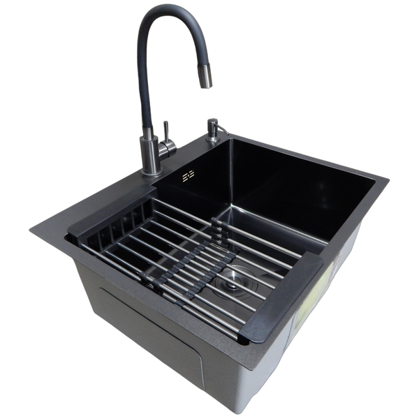 Комплект кухонной мойки Kraft NANO BLACK PVD HS60*50 (3.0/1.0 мм) декор SM14504 фото