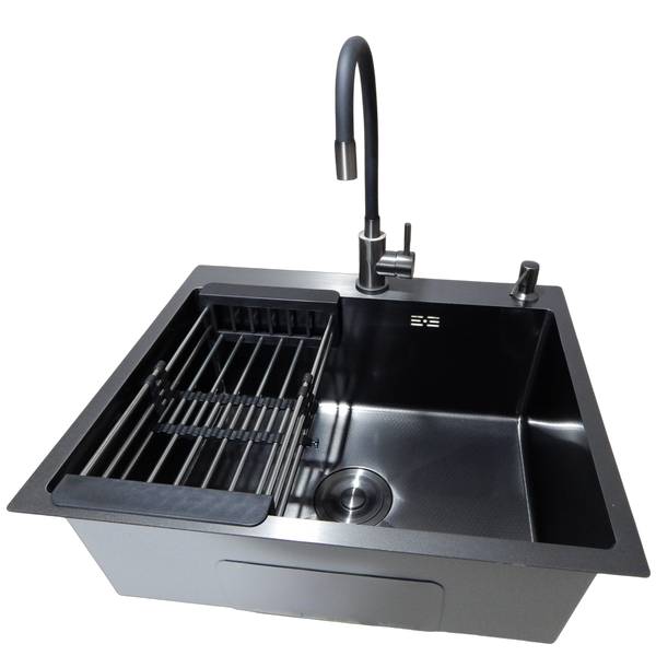 Комплект кухонной мойки Kraft NANO BLACK PVD HS60*50 (3.0/1.0 мм) декор SM14504 фото