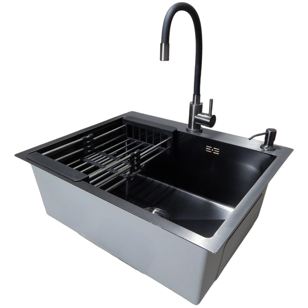 Комплект кухонной мойки Kraft NANO BLACK PVD HS60*50 (3.0/1.0 мм) декор SM14504 фото