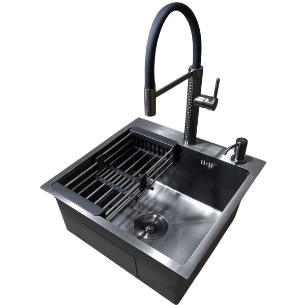 Комплект кухонной мойки Kraft HM 50х50 NANO BLACK (DECOR) PVD (3.0/1.0 мм) SМ039 фото
