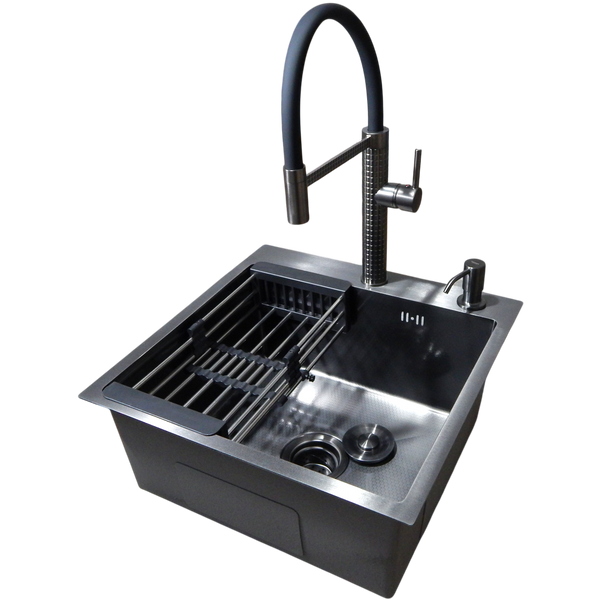 Комплект кухонной мойки Kraft HM 50х50 NANO BLACK (DECOR) PVD (3.0/1.0 мм) SМ039 фото