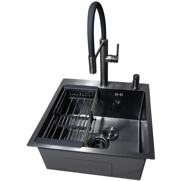 Комплект кухонной мойки Kraft HM 50х50 NANO BLACK (DECOR) PVD (3.0/1.0 мм) SМ039 фото