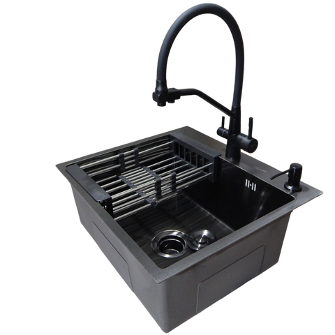 Комплект кухонной мойки Kraft HS 600Х450 NANO BLACK PVD (3.0/1.0 мм)+Смеситель для кухни с подключением к фильтру Kraft 3020 BL SM6810 фото