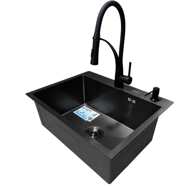 Комплект кухонної мийки Kraft NANO BLACK PVD HS60*45 декор (3.0/1.0 мм)+Кухонний змішувач Kroner KRP Ersel - SCH03393BLK SM2804 фото
