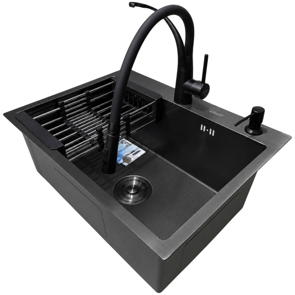 Комплект кухонної мийки Kraft NANO BLACK PVD HS60*45 декор (3.0/1.0 мм)+Кухонний змішувач Kroner KRP Ersel - SCH03393BLK SM2804 фото