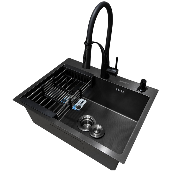 Комплект кухонної мийки Kraft NANO BLACK PVD HS60*45 декор (3.0/1.0 мм)+Кухонний змішувач Kroner KRP Ersel - SCH03393BLK SM2804 фото