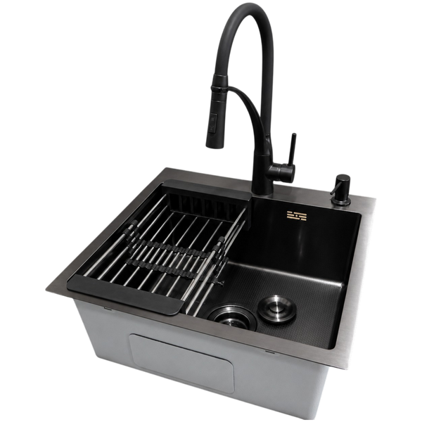 Комплект кухонной мойки Kraft HM 50х50 NANO BLACK (DECOR) PVD (3.0/1.0 мм)+Кухонный смеситель Kroner KRP Ersel - SCH03393BLK SМ467 фото