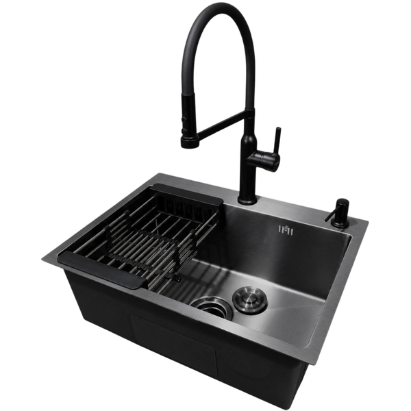 Комплект кухонной мойки Kraft NANO BLACK PVD HS 540*480мм Декор (3.0/1.0 мм)+Смеситель для кухни Kroner KRP Ersel &ndash; SCH03112BLK SM2950 фото