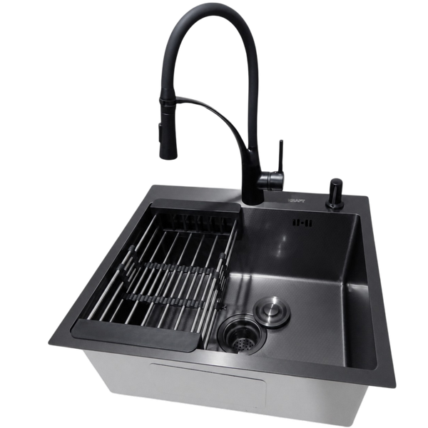 Комплект кухонной мойки Kraft HM 50х50 NANO BLACK (DECOR) PVD (3.0/1.0 мм)+Кухонный смеситель Kroner KRP Ersel - SCH03393BLK SМ467 фото