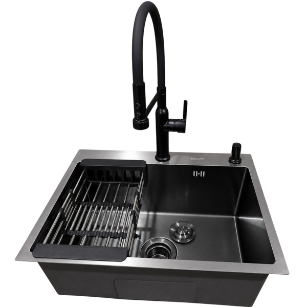 Комплект кухонной мойки Kraft NANO BLACK PVD HS 540*480мм Декор (3.0/1.0 мм)+Смеситель для кухни Kroner KRP Ersel &ndash; SCH03112BLK SM2950 фото