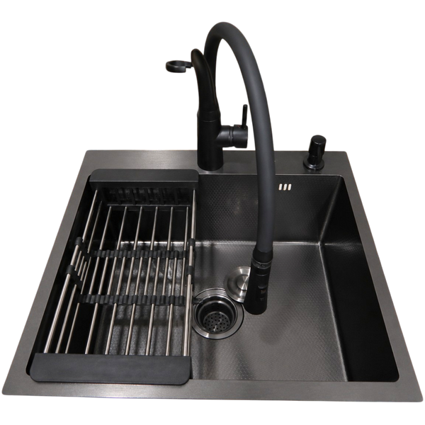 Комплект кухонной мойки Kraft HM 50х50 NANO BLACK (DECOR) PVD (3.0/1.0 мм)+Кухонный смеситель Kroner KRP Ersel - SCH03393BLK SМ467 фото