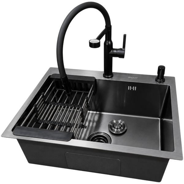 Комплект кухонной мойки Kraft NANO BLACK PVD HS 540*480мм Декор (3.0/1.0 мм)+Смеситель для кухни Kroner KRP Ersel &ndash; SCH03112BLK SM2950 фото