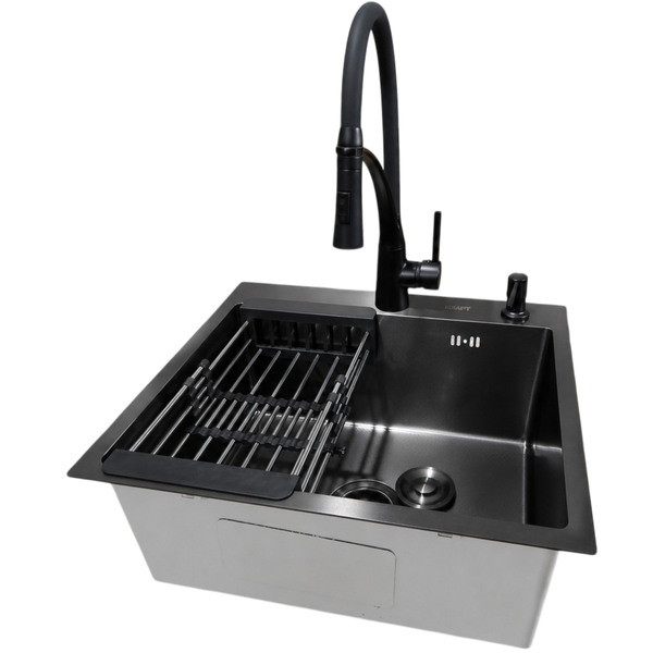 Комплект кухонной мойки Kraft HM 50х50 NANO BLACK (DECOR) PVD (3.0/1.0 мм)+Кухонный смеситель Kroner KRP Ersel - SCH03393BLK SМ467 фото