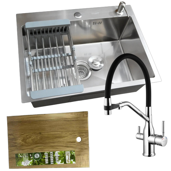 Комплект кухонной мойки Kraft HM 540х480 DECOR (3.0/1.0 мм)+Смеситель для кухни Kroner KRP Kuche - C03816BLK (хром) SM4501 фото