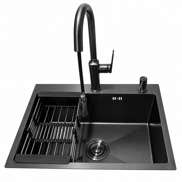 Комплект кухонной мойки Kraft NANO BLACK PVD HS60*45 (3.0/1.0 мм) декор SM2702 фото